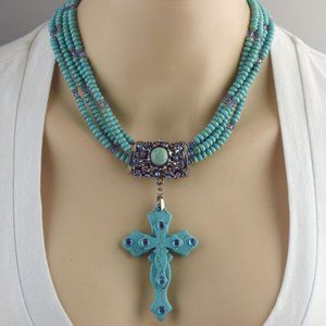 Multi Layered Turquoise Cross Necklace Set